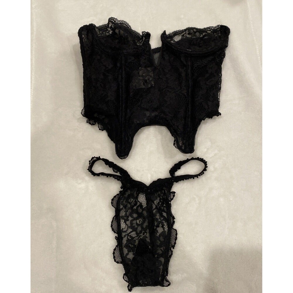 90’s Gold Label Victoria’s Secret Black Lace Corset Bustier Top 34B Thong Set